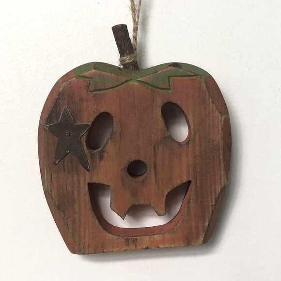 Vintage Rustic Carved Wooden Pumpkin Jack O Lantern Wall Hanging Halloween - Picture 2 of 8